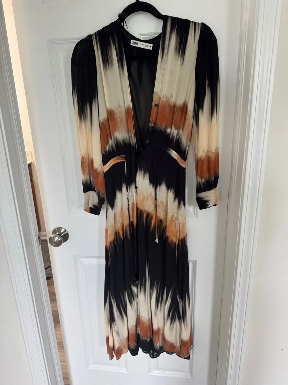 Zara Black, Tan & Cream Long Sleeve Tie-Dye Midi Dress - Picture 2 of 3